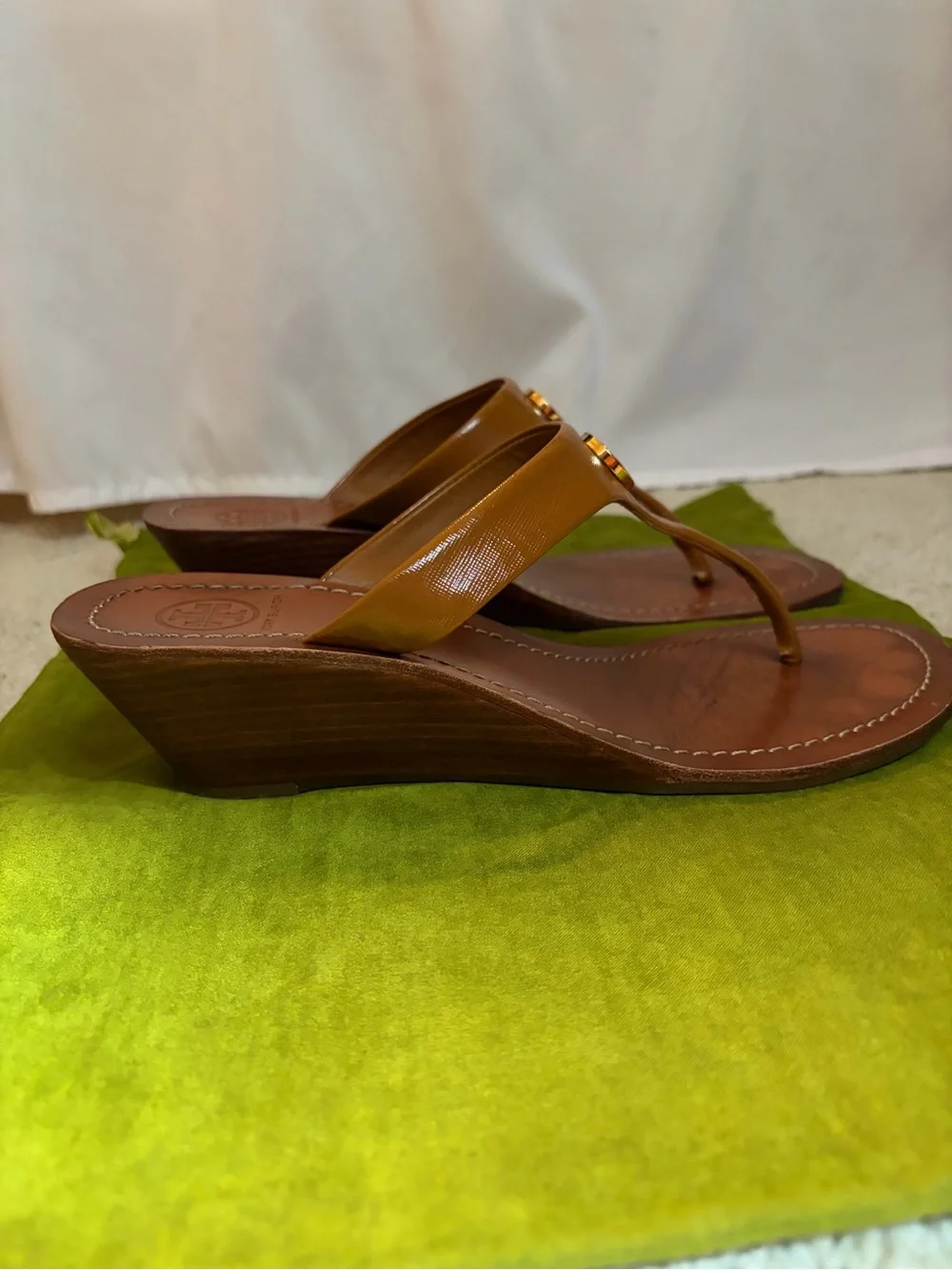 Tory Burch Tan Leather Mini Wedge Sandals